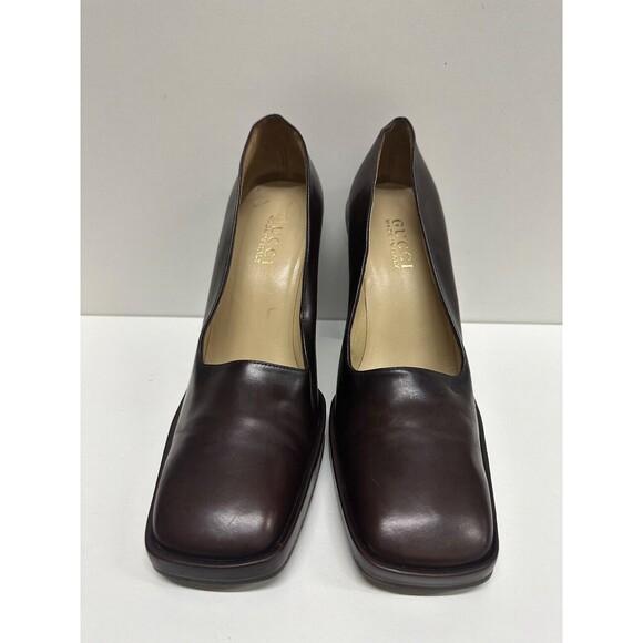 Gucci women size 8B brown leather square closed toe high block heel - Picture 2 of 13
